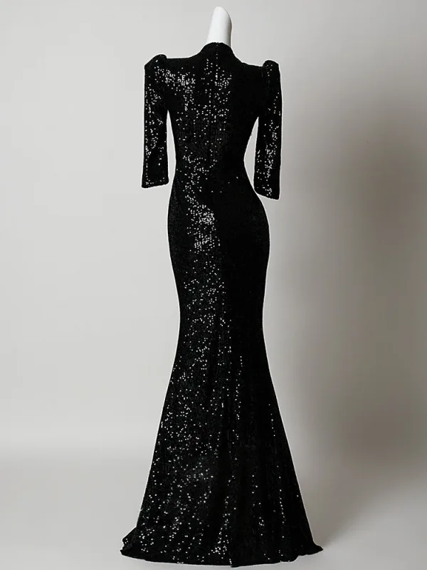 Scintillantes Noire Paillettes Robe De Soirée 2026 Trompette / Sirène V-Cou 3/4 Manches Longue Robe De Ceremonie