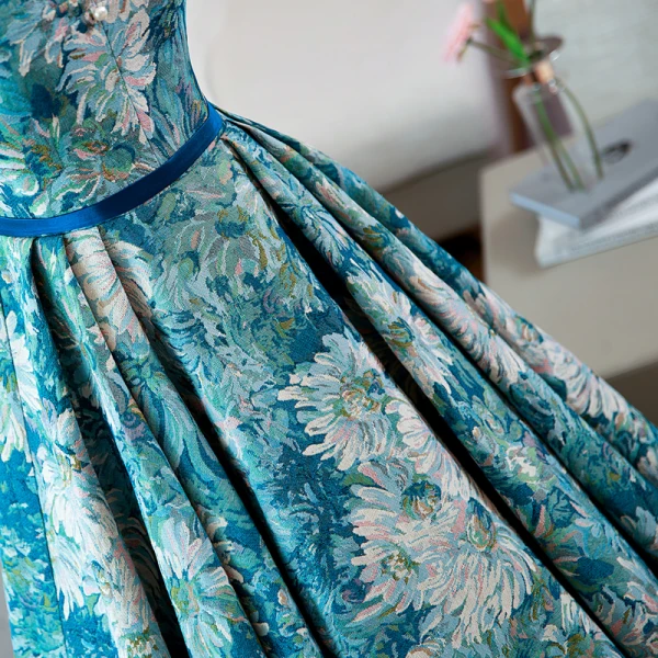 Elegant Pool Blue Printing Prom Dresses 2022 Ball Gown Square Neckline Puffy Short Sleeve Backless Bow Sash Floor-Length / Long Prom Formal Dresses
