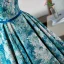 Elegant Pool Blue Printing Prom Dresses 2022 Ball Gown Square Neckline Puffy Short Sleeve Backless Bow Sash Floor-Length / Long Prom Formal Dresses