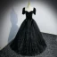 Bling Bling Noire Paillettes Robe De Bal 2022 Robe Boule Encolure Carrée Perle Manches Courtes Dos Nu Noeud Longue Robe De Ceremonie