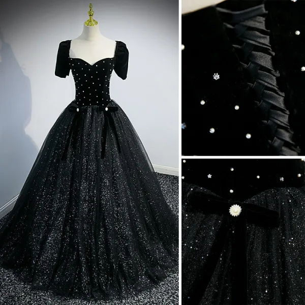 Bling Bling Noire Paillettes Robe De Bal 2022 Robe Boule Encolure Carrée Perle Manches Courtes Dos Nu Noeud Longue Robe De Ceremonie