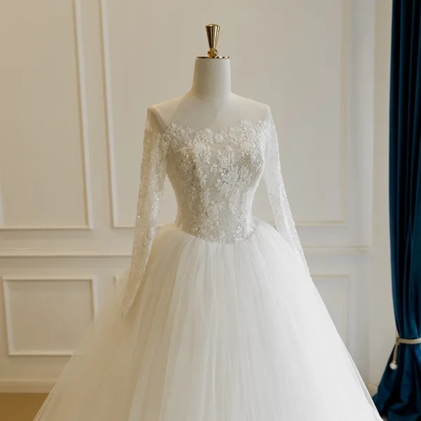 High-end White Handmade Beading Pearl Sequins Lace Flower Wedding Dresses 2026 Ball Gown Off-The-Shoulder Long Sleeve Backless Floor-Length / Long Tulle