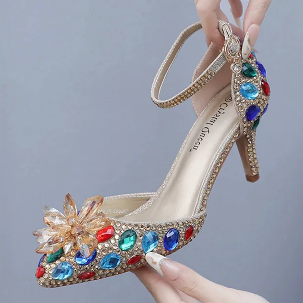 Niezwykły Multi-Kolory Rhinestone Złote Wieczorowe Buty Damskie 2024 Z Paskiem 7 cm Szpilki Szpiczaste Wysokie Obcasy