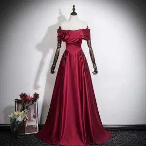 Vintage Retro Burgundy Prom Dresses 2026 A Line Princess Off The Shoulder Short Sleeve Backless Floor Length Long Formal Dresses