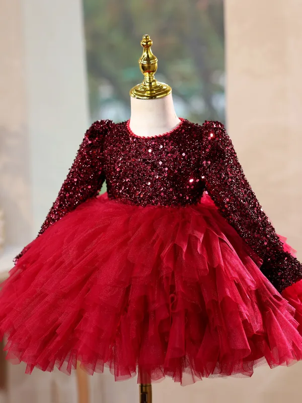 Charming Burgundy Sequins Pleated Short Birthday Flower Girl Dresses 2025 Ball Gown Scoop Neck Long Sleeve