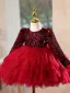 Charming Burgundy Sequins Pleated Short Birthday Flower Girl Dresses 2025 Ball Gown Scoop Neck Long Sleeve
