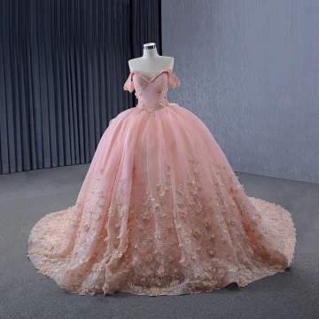 Luxe Rougissant Rose Fait Main Perlage Faux Diamant Appliques Robe De Mariée 2024 Robe Boule De L Épaule Manches Courtes Dos Nu Tribunal Train Mariage