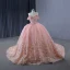 Luxury / Gorgeous Blushing Pink Handmade  Beading Rhinestone Appliques Wedding Dresses 2024 Ball Gown Off-The-Shoulder Short Sleeve Backless Court Train Wedding
