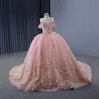 Luxury Gorgeous Blushing Pink Handmade Beading Rhinestone Appliques Wedding Dresses 2024 Ball Gown Off The Shoulder Short Sleeve Backless Court Train Wedding