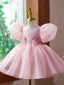 Lovely Blushing Pink Birthday Pearl Flower Girl Dresses 2023 Ball Gown Scoop Neck Puffy Short Sleeve Bow