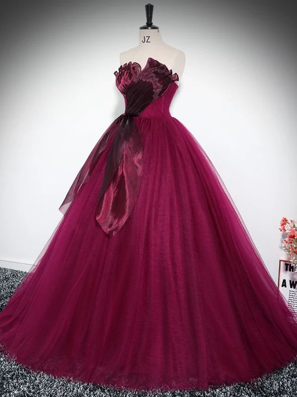 Elegant Burgundy Prom Dresses 2024 Ball Gown Strapless Sleeveless Backless Tulle Prom Floor-Length / Long Formal Dresses