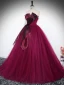 Elegant Burgundy Prom Dresses 2024 Ball Gown Strapless Sleeveless Backless Tulle Prom Floor-Length / Long Formal Dresses