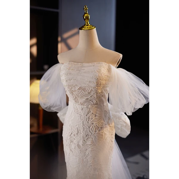 Vintage / Retro Ivory Beading Pearl Lace Flower Wedding Dresses 2024 Trumpet / Mermaid Off-The-Shoulder Short Sleeve Sweep Train