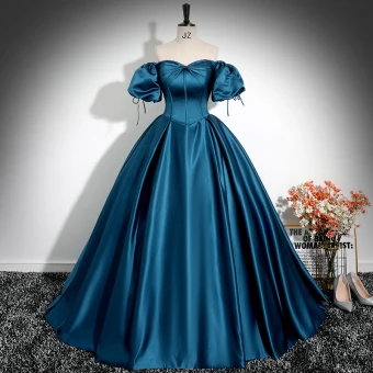 Vintage Retro Ink Blue Satin Prom Dresses 2024 Ball Gown Off The Shoulder Puffy Short Sleeve Backless Floor Length Long Prom Formal Dresses