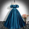 Vintage / Retro Ink Blue Satin Prom Dresses 2024 Ball Gown Off-The-Shoulder Puffy Short Sleeve Backless Floor-Length / Long Prom Formal Dresses