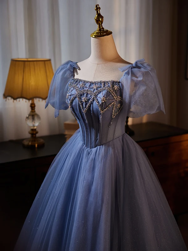 Chic / Beautiful Ocean Blue Glitter Rhinestone Prom Dresses 2024 Ball Gown Square Neckline Puffy Short Sleeve Backless Formal Dresses Prom Floor-Length / Long