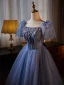 Chic / Beautiful Ocean Blue Glitter Rhinestone Prom Dresses 2024 Ball Gown Square Neckline Puffy Short Sleeve Backless Formal Dresses Prom Floor-Length / Long