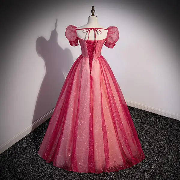 Elegante Rot Pailletten Ballkleider 2022 Ballkleid Eckiger Ausschnitt Geschwollenes Kurze Ärmel Rückenfreies Lange Ball Festliche Kleider
