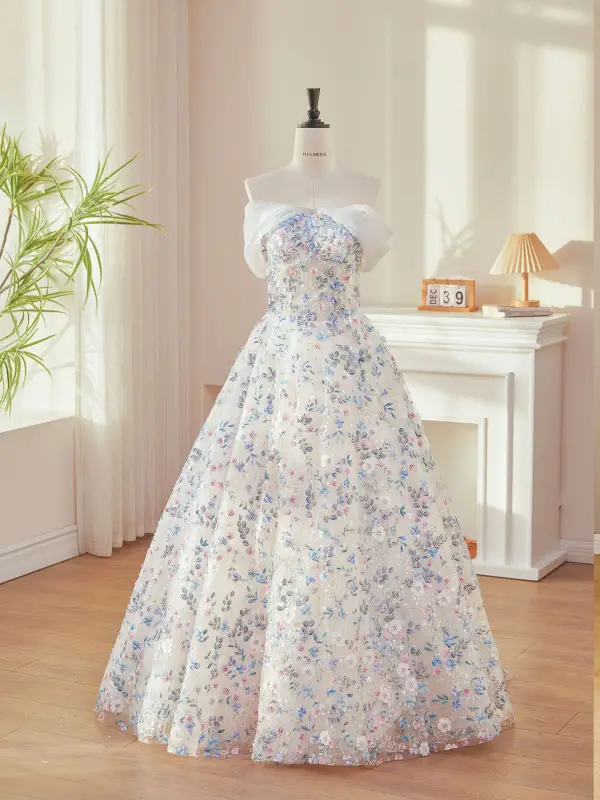 Blomsterfe Himmelen Blå Beading Paljetter Appliques Ballkjoler 2026 Ballkjole Strapless Uten Ermer Ryggløse