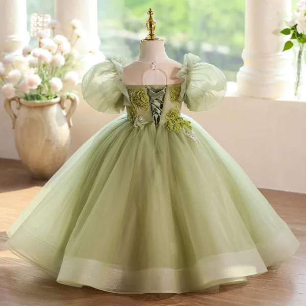 Chic / Beautiful Sage Green Beading Birthday Flower Girl Dresses 2025 Ball Gown Scoop Neck Puffy Short Sleeve Backless Floor-Length / Long
