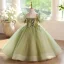 Chic / Beautiful Sage Green Beading Birthday Flower Girl Dresses 2025 Ball Gown Scoop Neck Puffy Short Sleeve Backless Floor-Length / Long