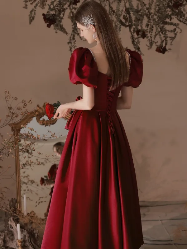 Vintage / Retro Burgundy Rhinestone Satin Evening Dresses 2022 A-Line / Princess Square Neckline Puffy Short Sleeve Bow Backless Floor-Length / Long Evening Party Formal Dresses
