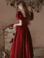 Vintage / Retro Burgundy Rhinestone Satin Evening Dresses 2022 A-Line / Princess Square Neckline Puffy Short Sleeve Bow Backless Floor-Length / Long Evening Party Formal Dresses