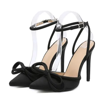 Mooie Prachtige Zwarte Avond Sandalen Dames 2022 11 Cm Naaldhakken Stiletto Strik Enkelband Spitse Neus Sandalen Hoge Hakken