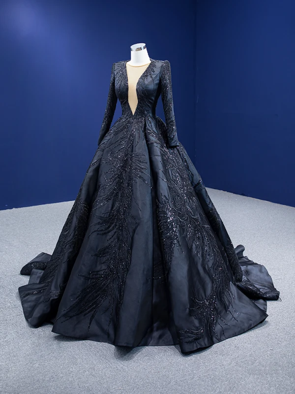 Haut de Gamme Bling Bling Noire Fait main Paillettes Robe De Bal 2024 Robe Boule Encolure Dégagée Manches Longues Train De Balayage Promo Robe De Ceremonie