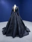 Haut de Gamme Bling Bling Noire Fait main Paillettes Robe De Bal 2024 Robe Boule Encolure Dégagée Manches Longues Train De Balayage Promo Robe De Ceremonie