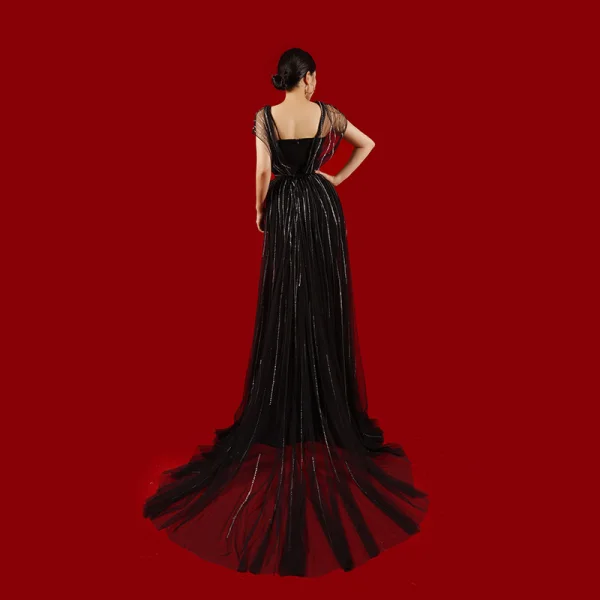 Haut de Gamme Charmant Noire Faux Diamant Robe De Soirée 2023 Princesse Encolure Carrée Manches Courtes Dos Nu Soirée Train De Balayage Robe De Ceremonie
