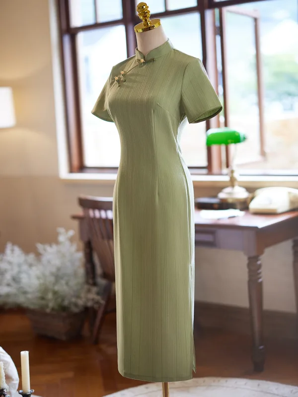 Chinese style Sage Green Tea-length Cheongsam 2024 Trumpet / Mermaid High Neck Short Sleeve