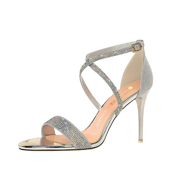 Sexy Black Rhinestone Sequins Evening Party Womens Shoes 2022 X-Strap 9 cm Stiletto Heels Open / Peep Toe Sandals High Heels