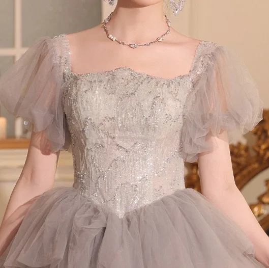 Charming Grey Beading Sequins Cascading Ruffles Prom Dresses 2024 Ball Gown Off-The-Shoulder Short Sleeve Backless Floor-Length / Long Prom Formal Dresses