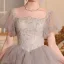 Charming Grey Beading Sequins Cascading Ruffles Prom Dresses 2024 Ball Gown Off-The-Shoulder Short Sleeve Backless Floor-Length / Long Prom Formal Dresses