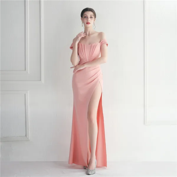 Chic / Beautiful White Split Front Evening Dresses 2024 Trumpet / Mermaid Off-The-Shoulder Sleeveless Backless Floor-Length / Long Evening Party Formal Dresses