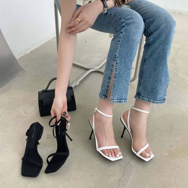 Sexy Noire Vêtement de rue Sandales Femme 2022 Bride Cheville 9 cm Talons Aiguilles Peep Toes / Bout Ouvert Sandales Talons Hauts
