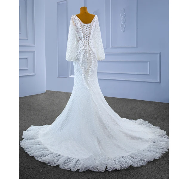 Charmant High End Weiß Perlenstickerei Strass Pailletten Applikationen Brautkleider / Hochzeitskleider 2022 Meerjungfrau Rundhalsausschnitt Lange Ärmel Rückenfreies Lange Hochzeit