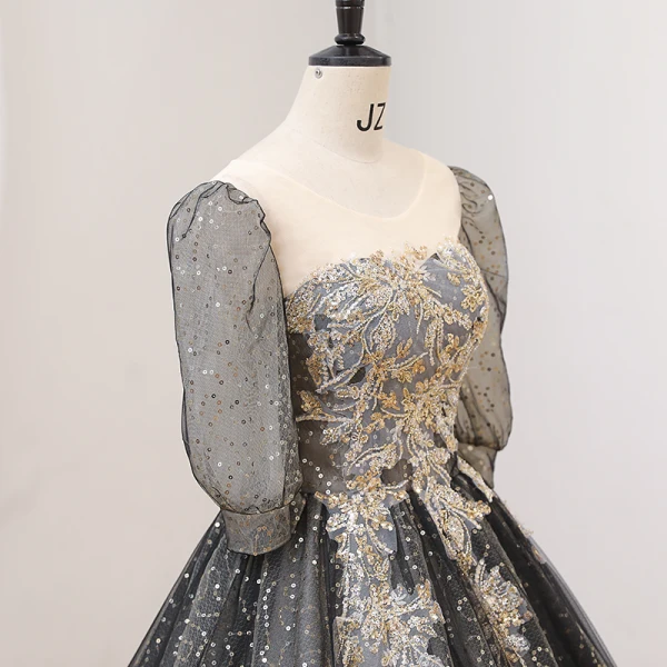 Sparkly Black Sequins Prom Dresses 2022 Ball Gown Scoop Neck 1/2 Sleeves Backless Floor-Length / Long Prom Formal Dresses