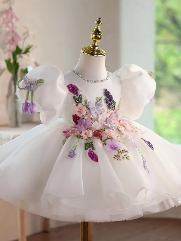 Chic / Beautiful White Beading Lace Flower Appliques Birthday Short Flower Girl Dresses 2026 Ball Gown Scoop Neck Puffy Short Sleeve