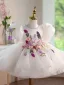 Chic / Beautiful White Beading Lace Flower Appliques Birthday Short Flower Girl Dresses 2026 Ball Gown Scoop Neck Puffy Short Sleeve