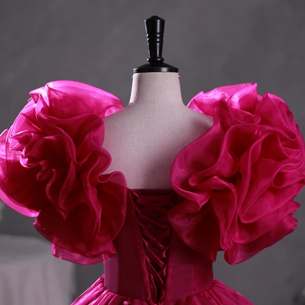 Vintage / Retro Ethnic Fuchsia Beading Prom Dresses 2023 Ball Gown Scoop Neck Ruffle Short Sleeve Backless Floor-Length / Long Prom Formal Dresses
