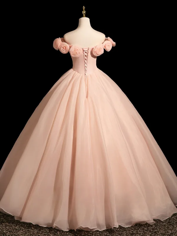 Vintage / Retro Blushing Pink Pearl Appliques Prom Dresses 2025 Ball Gown Off-The-Shoulder Sleeveless Backless Floor-Length / Long Prom Formal Dresses