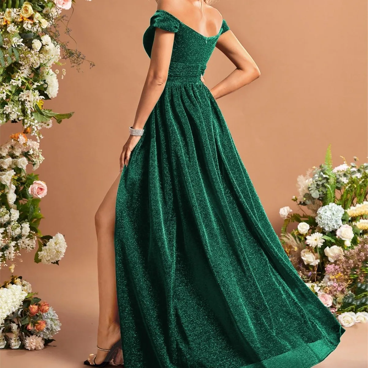 Elegant Green Glitter Split Front Prom Dresses 2025 A-Line Princess Off-The-Shoulder