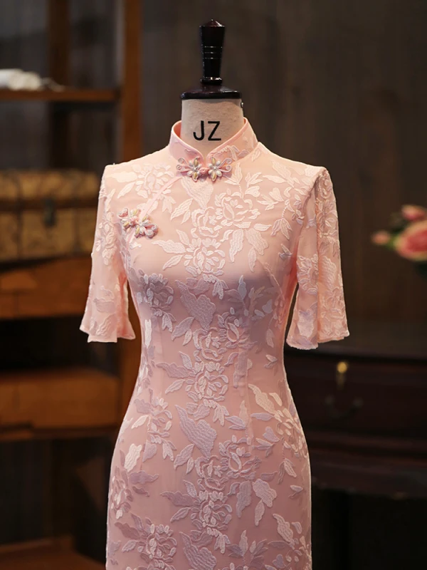 Chic / Beautiful Blushing Pink Lace Flower Silk Evening Party Cheongsam 2024 Trumpet / Mermaid High Neck Short Sleeve Tea-length