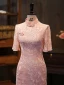 Chic / Beautiful Blushing Pink Lace Flower Silk Evening Party Cheongsam 2024 Trumpet / Mermaid High Neck Short Sleeve Tea-length