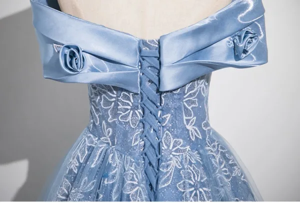 Chic / Beautiful Sky Blue Lace Flower Sequins Prom Dresses 2025 A-Line / Princess Off-The-Shoulder Sleeveless Backless Floor-Length / Long Prom Formal Dresses
