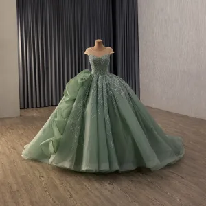 Vintage Originale Vert Cendré Fait Main Perlage Perle Paillettes Robe De Bal 2026 Robe Boule Encolure Dégagée Mancherons Dos Nu Train De Balayage Robe De Ceremonie
