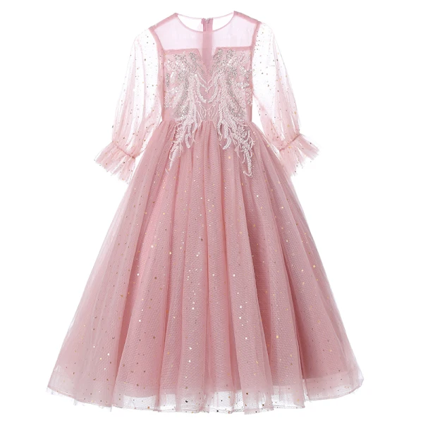 Chic / Beautiful Candy Pink Evening Party Flower Girl Dresses 2022 Ball Gown Scoop Neck Beading Pearl Lace Flower Sequins Long Sleeve Floor-Length / Long Flower Girl Dresses