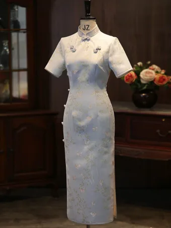 Vintage Retro White Printing Tea Length Cheongsam 2026 Trumpet Mermaid High Neck Short Sleeve